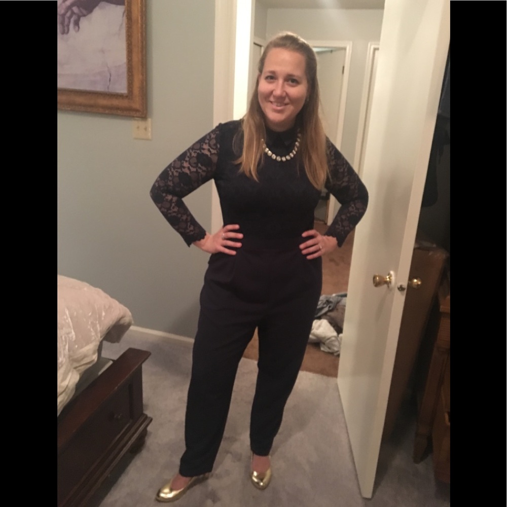 Navy blue lace collared jumpsuit with pockets